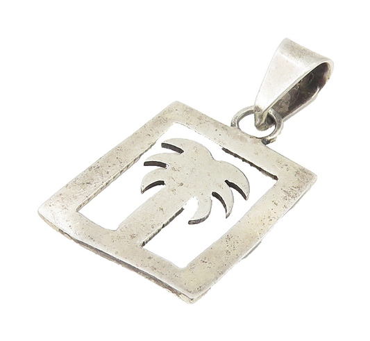 925 Sterling Silver  Vintage Dark Tone Cutout Palm Tree Square Pendant  PT8524