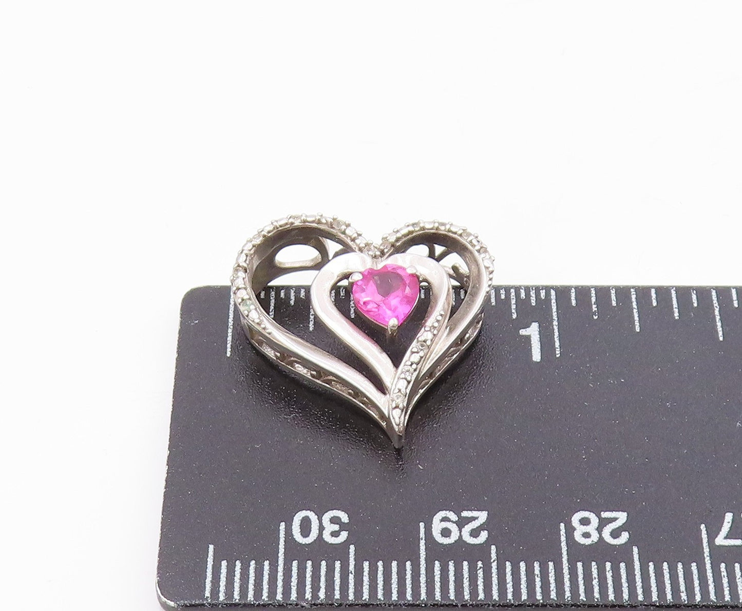 925 Silver  Vintage Double Love Heart Ruby & Genuine Diamonds Pendant  PT20487