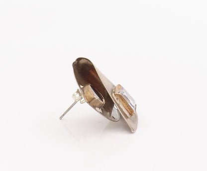 925 Sterling Silver Vintage Earrings Designer Square CZ & Triangle Onyx  EG13014