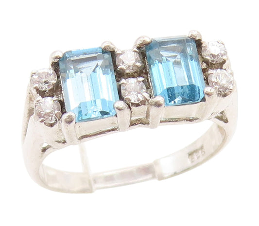925 Sterling Silver Vintage Ring Blue Topaz & CZ Elegant Split Band Sz 6 RG34871