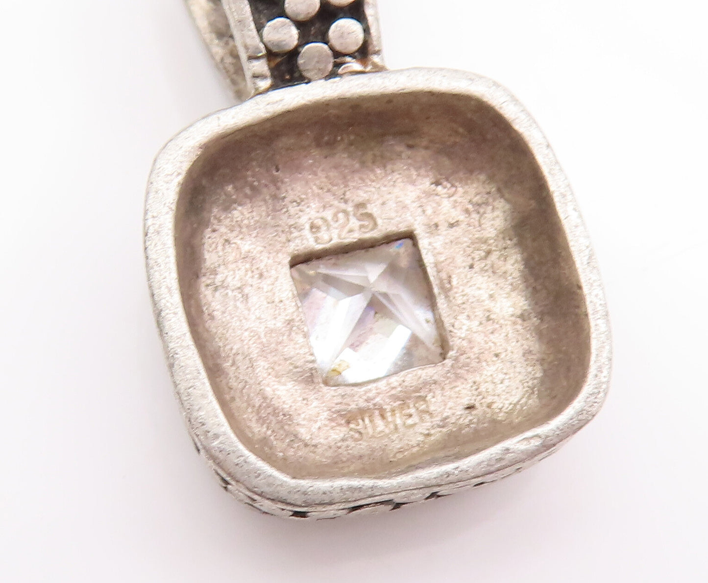 925 Sterling Silver Vintage Pendant Square Cut CZ Pebble Effect Carved   PT23093