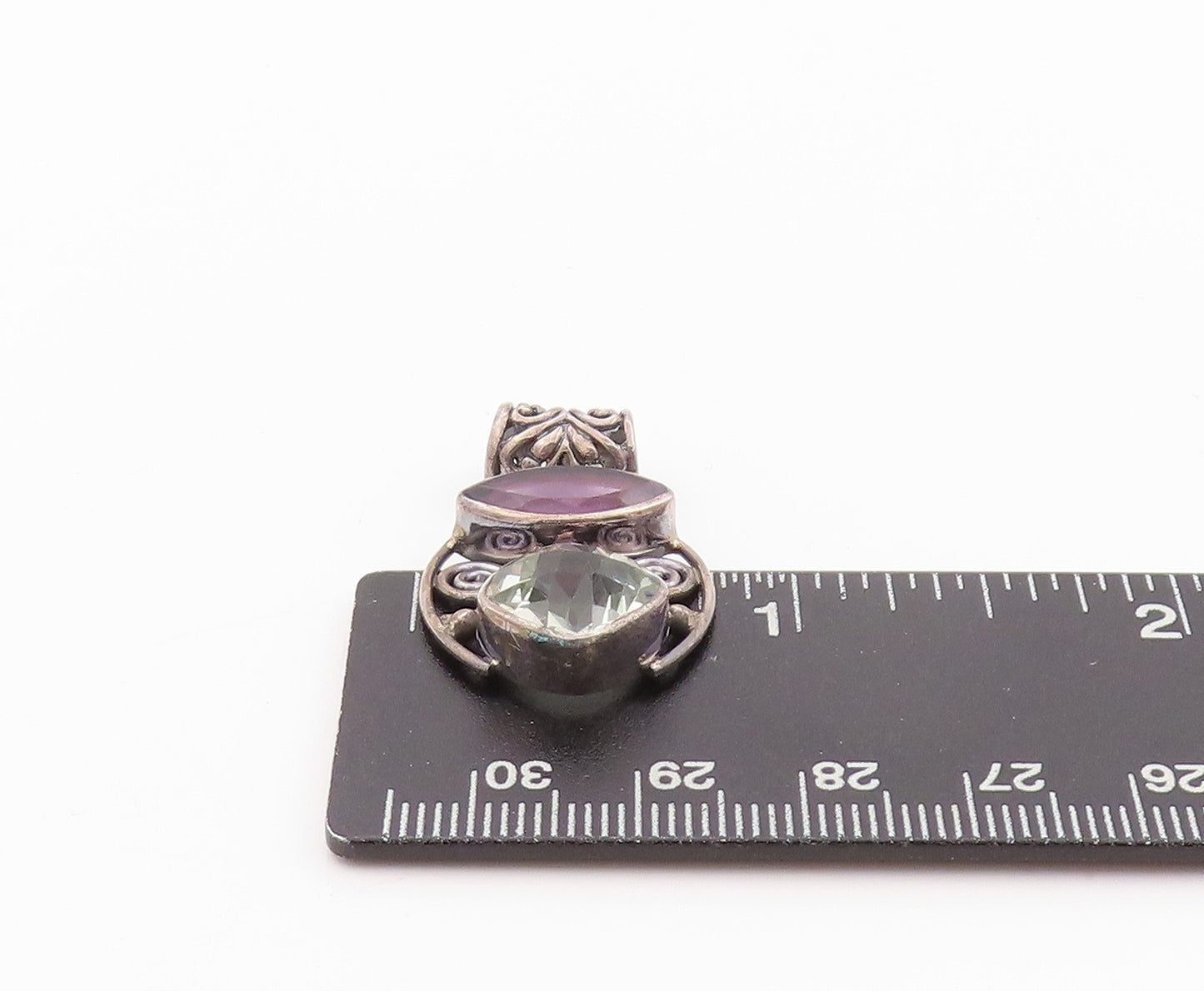 925 Sterling Silver Vintage Pendant Dark Tone Cutout Amethyst & Topaz  PT24003
