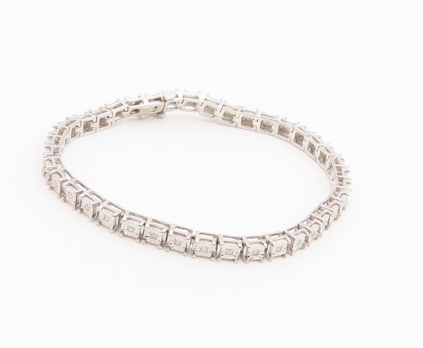 925 Sterling Silver Vintage Bracelet Real Diamonds Square Tennis Link  BT12228