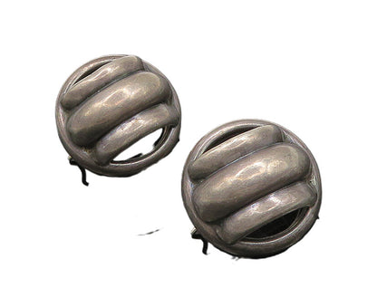 925 Sterling Silver  Vintage Dark Tone Fluted Dome Round Drop Earrings  EG9660