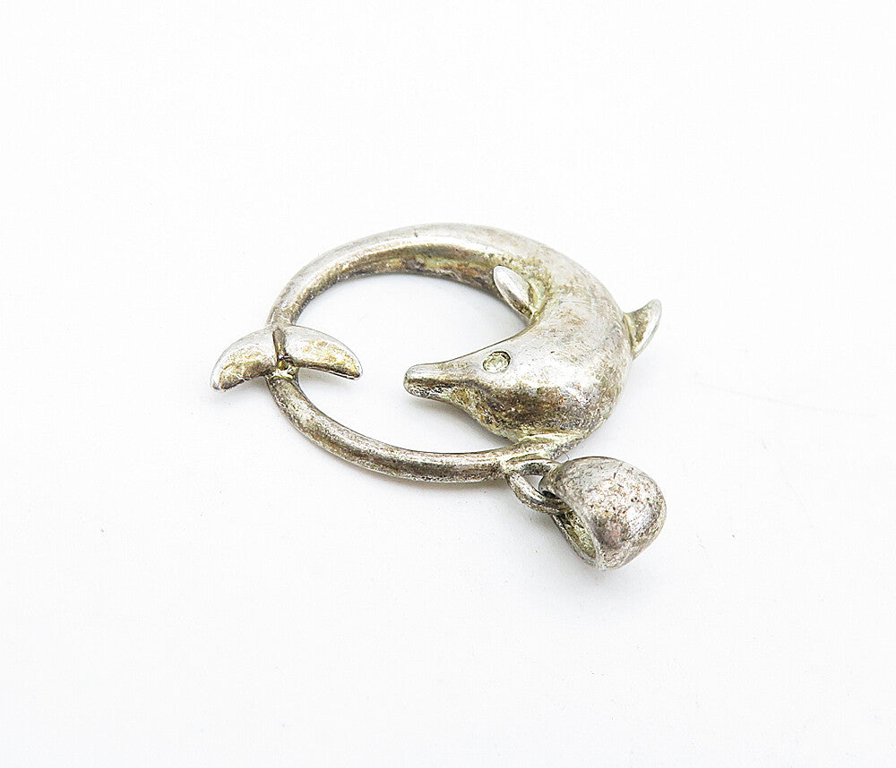 925 Sterling Silver  Vintage Topaz Accented Round Dolphin Drop Pendant  PT3238