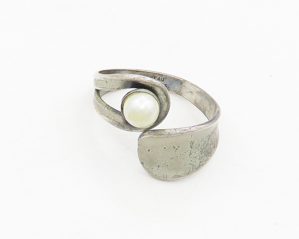 BEAU 925 Silver  Vintage Freshwater Pearl Bypass Band Ring Sz 10  RG19316
