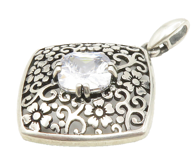 925 Sterling Silver  Vintage Cubic Zirconia Floral Swirl Pendant  PT11296