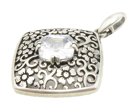 925 Sterling Silver  Vintage Cubic Zirconia Floral Swirl Pendant  PT11296