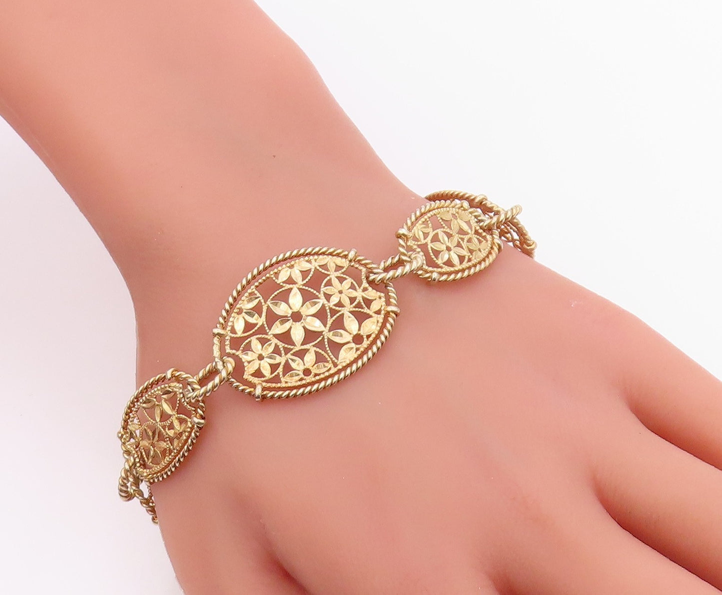 925 Sterling Silver Vintage Bracelet Gold Plated Intricate Floral Link  BT12124