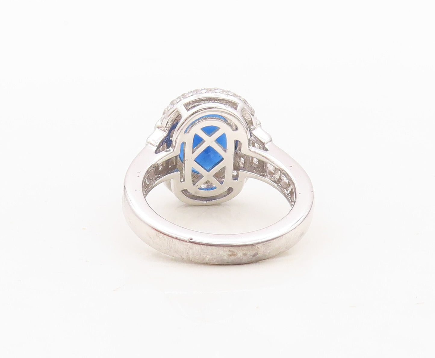 925 Sterling Silver Vintage Ring Oval Cut Sapphire Halo CZ Inlay  Sz 7 RG30507