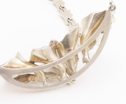 925 Sterling Silver Vintage Necklace MEXICO Heavy Cutout Gemstone Lily  NE4476