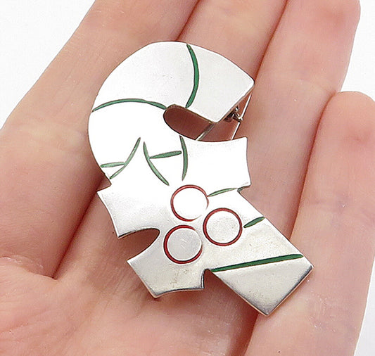 MEXICO 925 Sterling Silver  Vintage Christmas Candy Cane Brooch Pin  BP2739