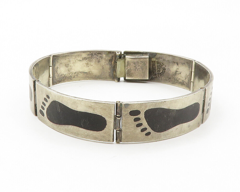 MEXICO 925 Silver  Vintage Black Onyx Footprints Hinge Chain Bracelet  BT5385