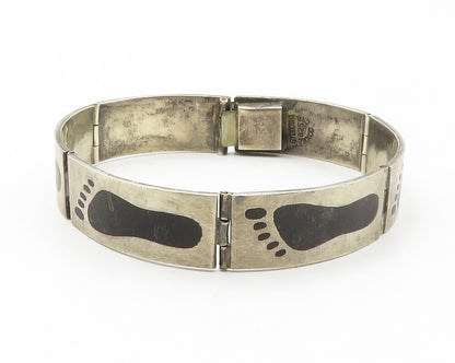 MEXICO 925 Silver  Vintage Black Onyx Footprints Hinge Chain Bracelet  BT5385