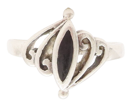 925 Sterling Silver Vintage Ring Swirly Black Enameled Cutout  Sz 8  RG28748