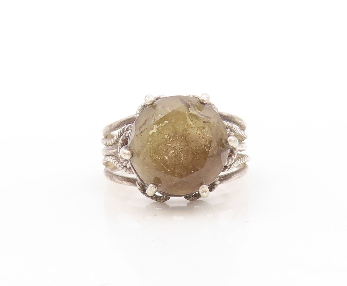 925 Sterling Silver Vintage Ring Dark Tone Round Cut Smoky Quartz  Sz 6  RG31144