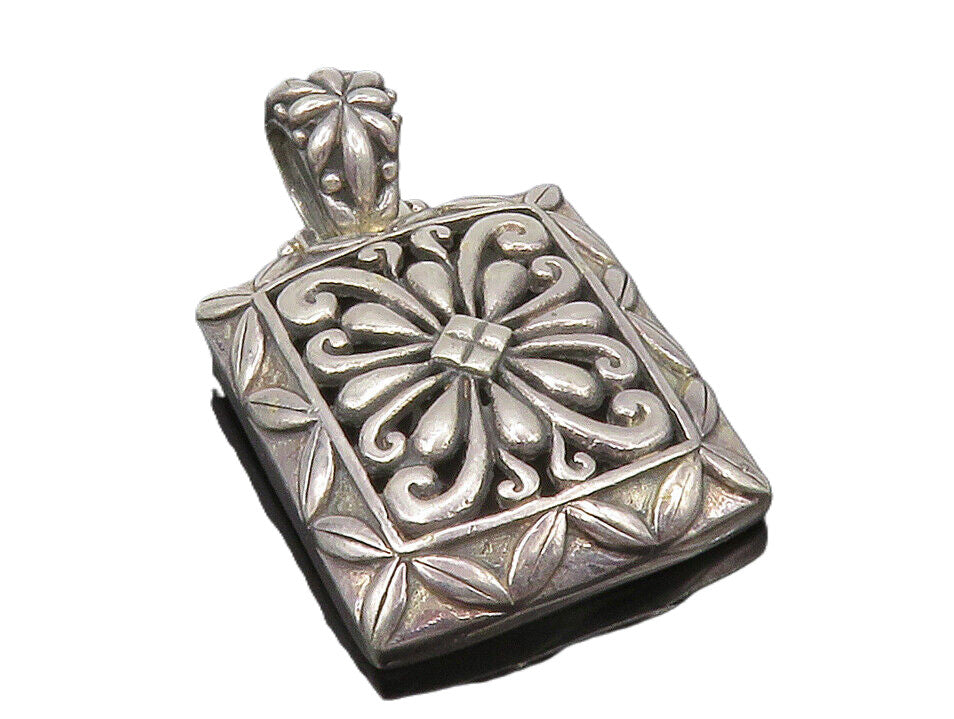 925 Sterling Silver Vintage Open Flower Swirl Square Drop Pendant PT9840
