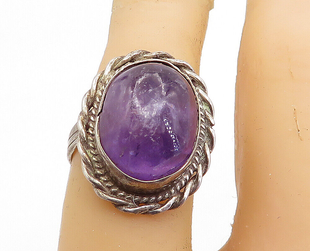 MEXICO 925 Silver  Vintage Cabochon Cut Amethyst Cocktail Ring Sz 6.5  RG6647