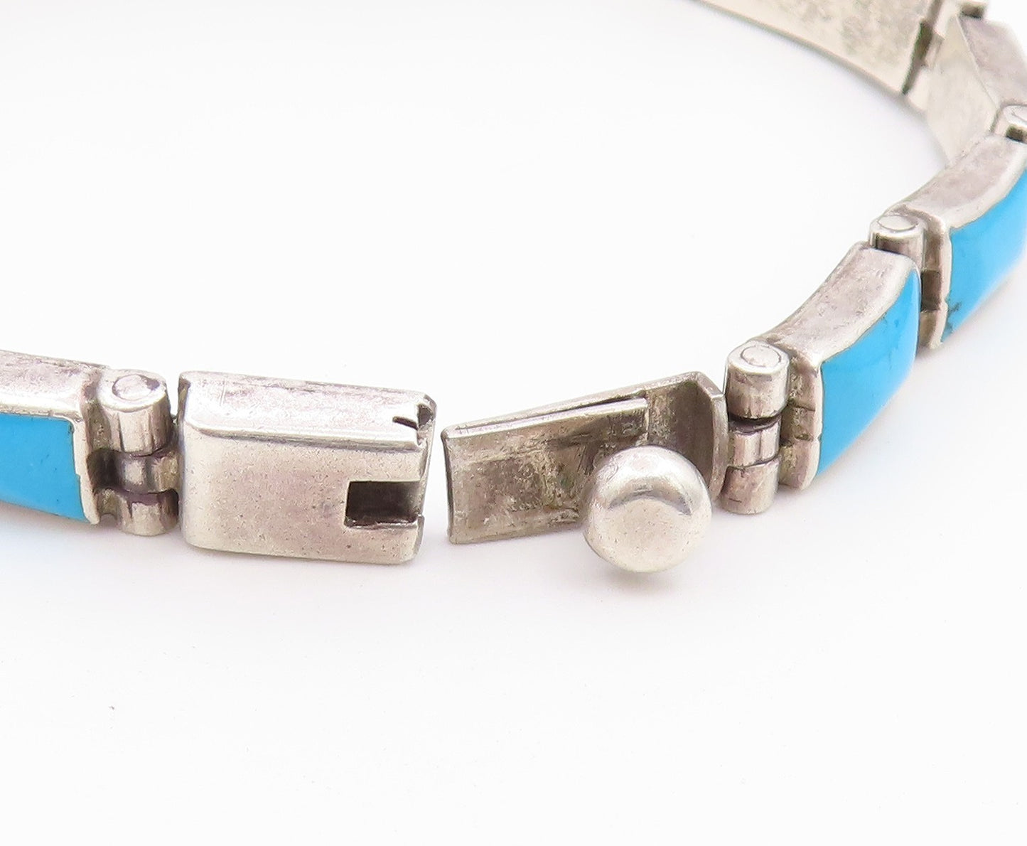 925 Sterling Silver Vintage Bracelet Modernist Cabochon Turquoise Link  BT12187