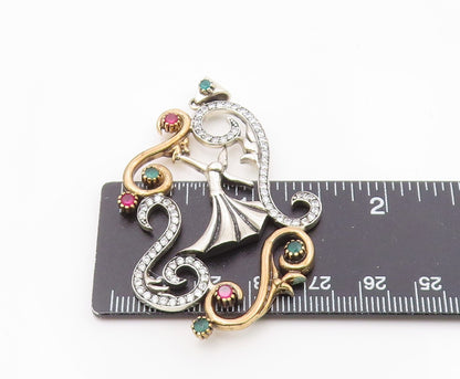 925 Sterling Silver  Pink Green & White Topaz Two Tone Swirl Pendant  PT10622