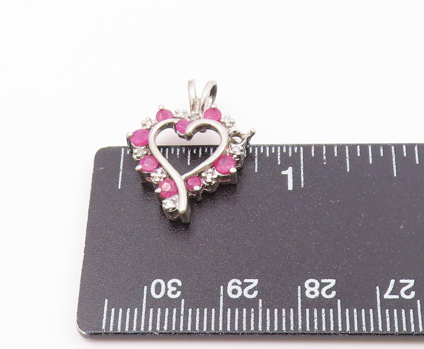 925 Sterling Silver Vintage Genuine Diamonds & Ruby Love Heart Pendant PT20093