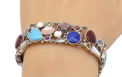 925 Sterling Silver Vintage Mother Of Pearl & Multi Stone Chain Bracelet BT3092
