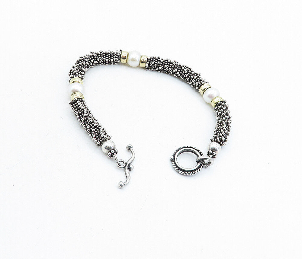 925 Sterling Silver & 14K GOLD Freshwater Pearls Beaded Chain Bracelet BT2624