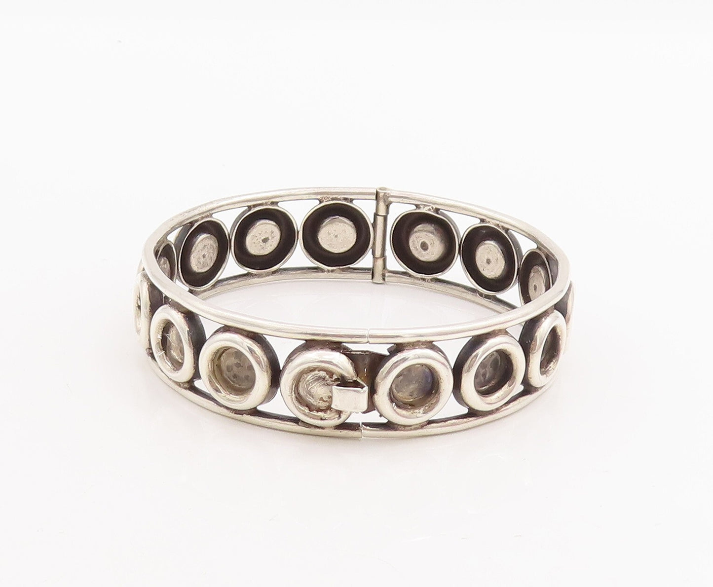 925 Sterling Silver Vintage Bracelet MEXICO Solid Rings Carved Bangle  BT10694
