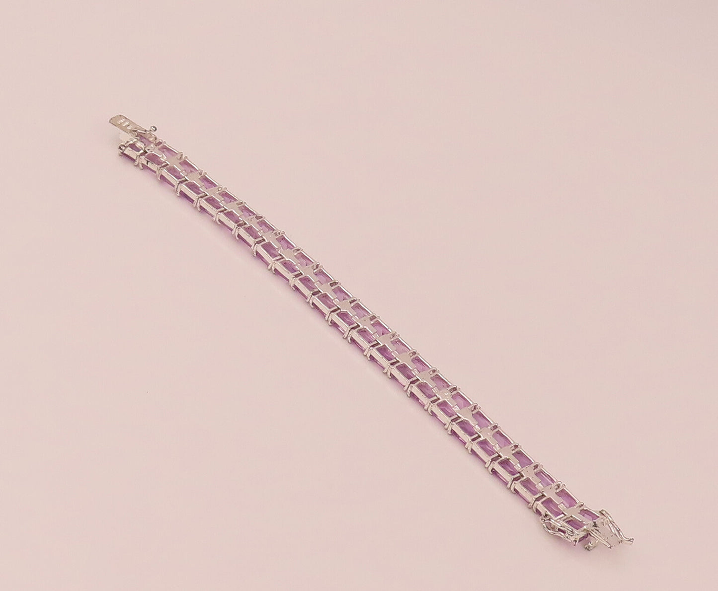 925 Sterling Silver  Vintage Amethyst Rectangular Double Band Bracelet  BT9822