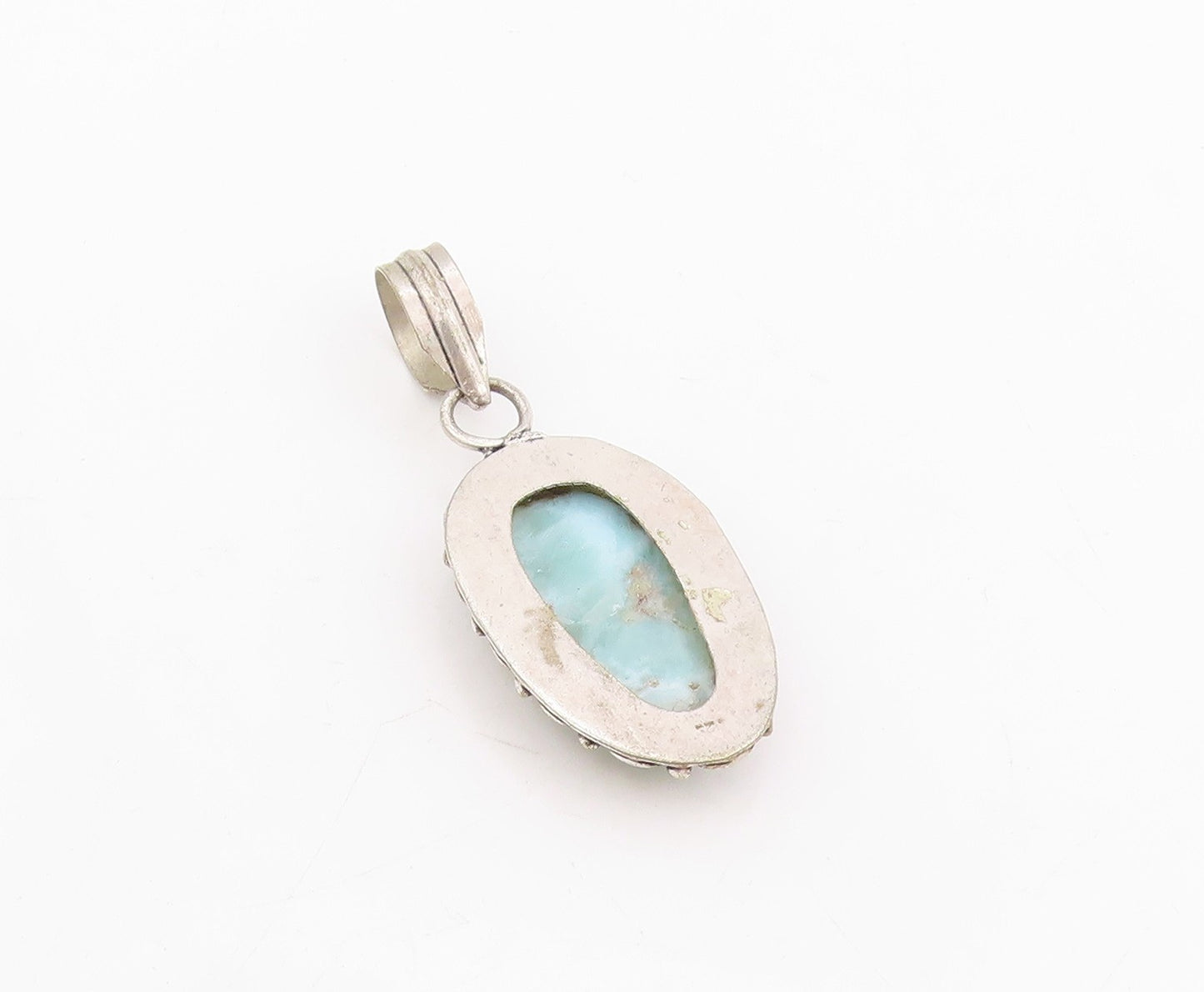 925 Sterling Silver Vintage Pendant Cabochon Larimar Scrollwork Drop  PT25790