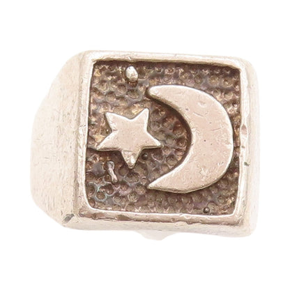 925 Sterling Silver Vintage Ring Religious Etched Moon & Star  Sz 7  RG32809