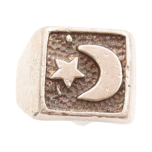 925 Sterling Silver Vintage Ring Religious Etched Moon & Star  Sz 7  RG32809