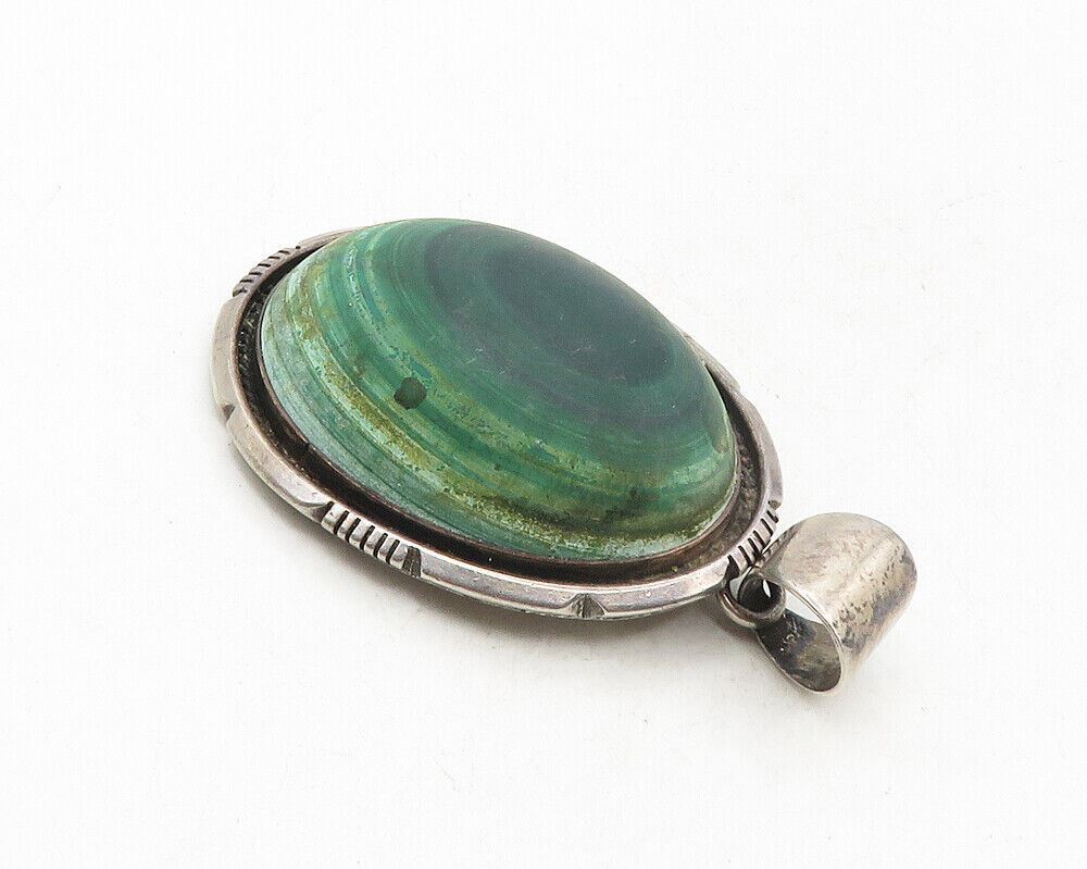 JAKE SAMPSON NAVAJO 925 Silver  Vintage Cabochon Cut Malachite Pendant  PT7864