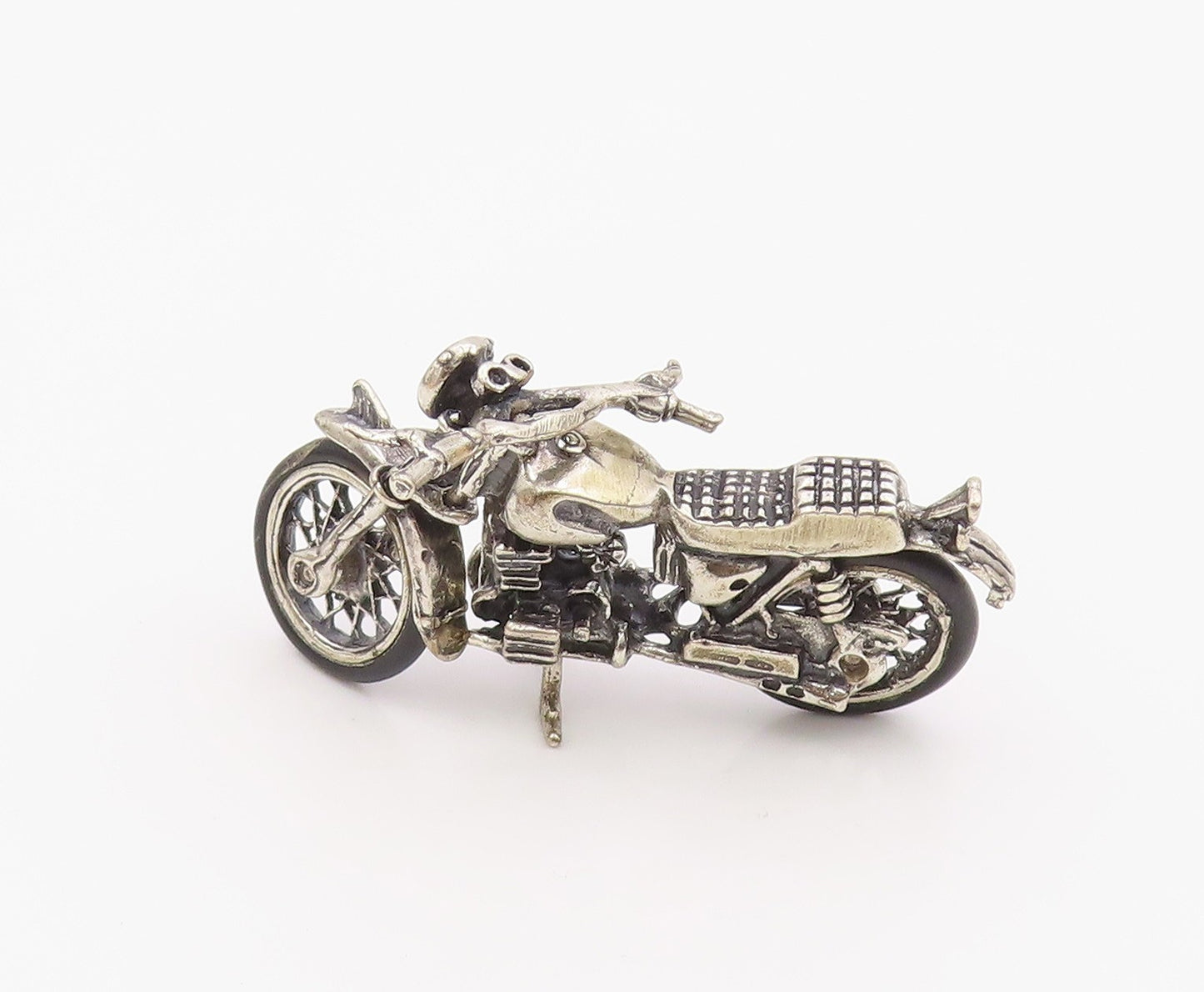 925 Sterling Silver  Vintage Dark Tone Rubber Wheel Motorcycle Trinket  TR2748