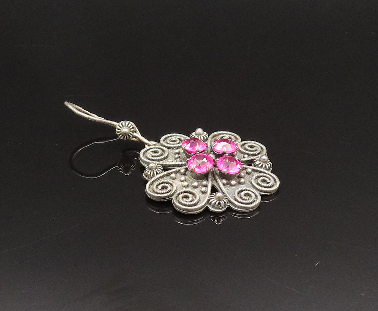 925 Silver  Vintage Beaded Pretzel Twist Tourmaline Floral Earrings  EG11928