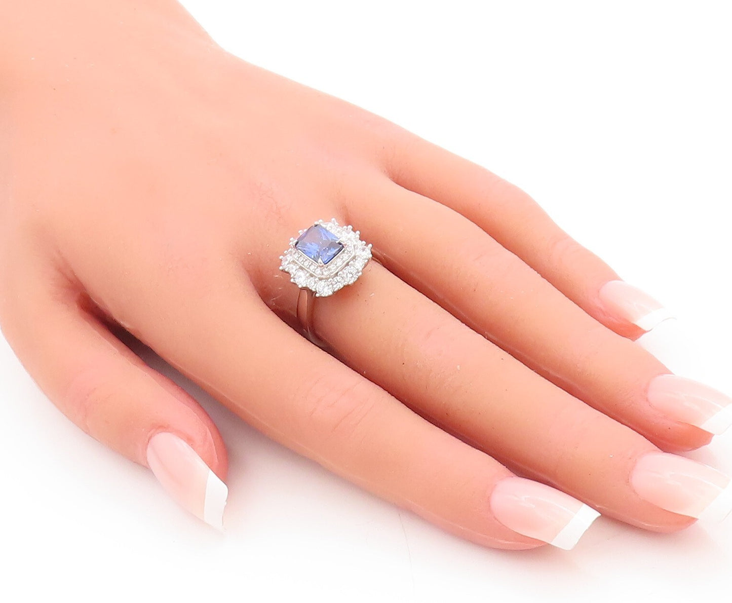 925 Sterling Silver Vintage Ring Blue Rectangle & Round Halo CZ  Sz 7  RG29163