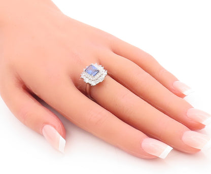 925 Sterling Silver Vintage Ring Blue Rectangle & Round Halo CZ  Sz 7  RG29163