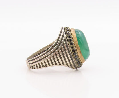 925 Sterling Silver Vintage Ring Cabochon Green Onyx & Spinel  Sz 12  RG36290