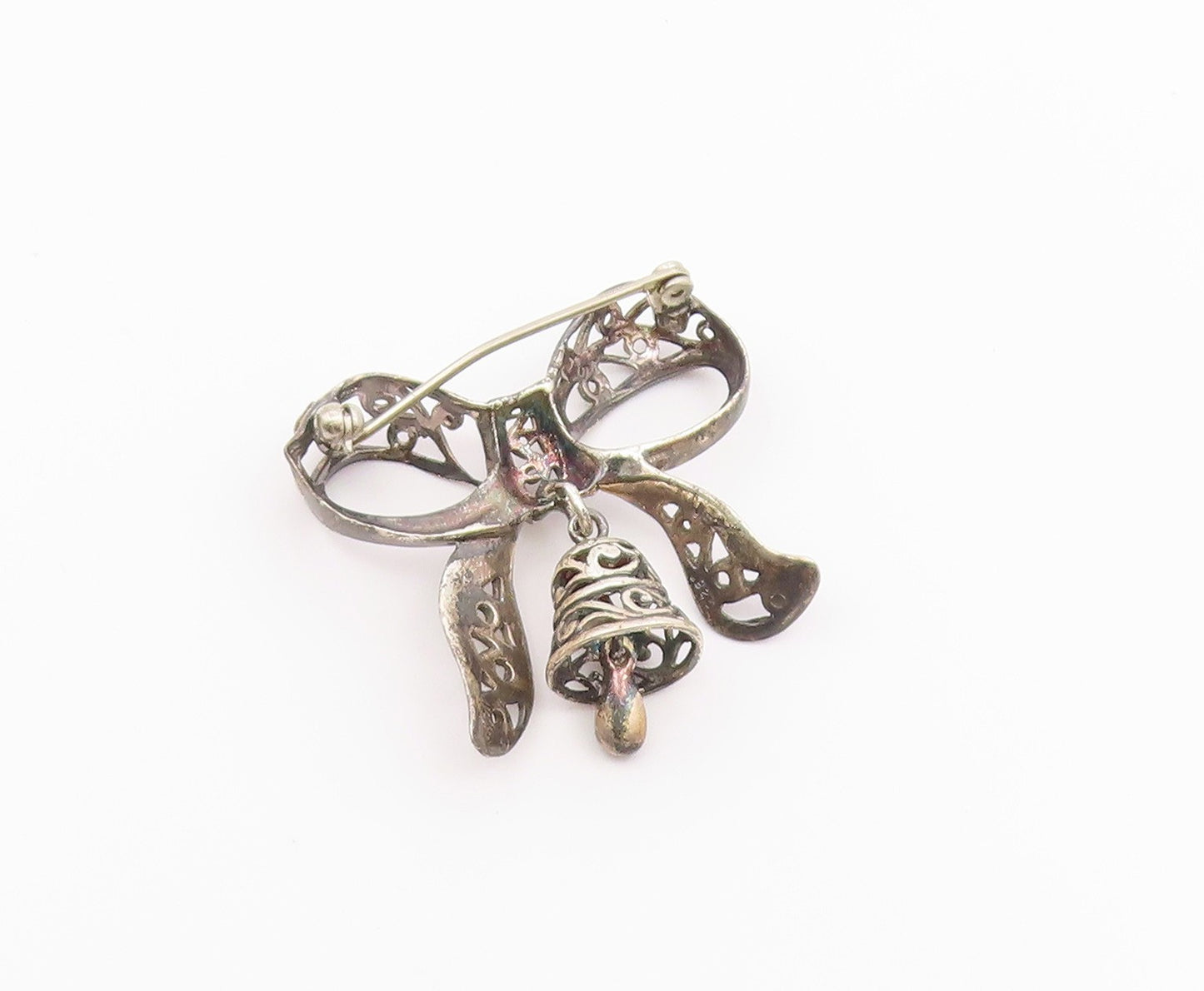 925 Sterling Silver  Vintage Bow Tied Ribbon Bell Brooch Pin (Jingles)  BP9211