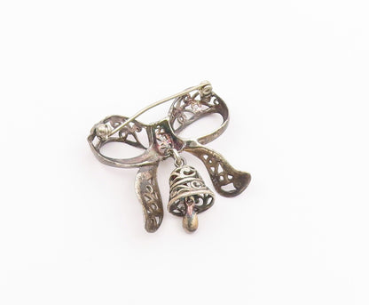 925 Sterling Silver  Vintage Bow Tied Ribbon Bell Brooch Pin (Jingles)  BP9211
