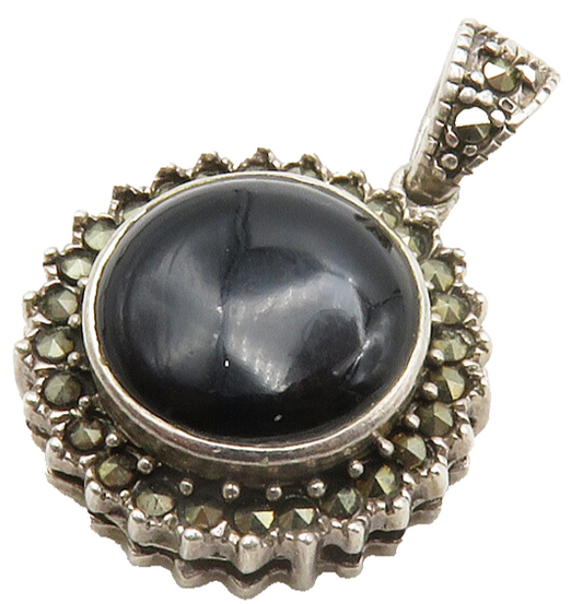 925 Sterling Silver  Vintage Black Onyx & Marcasite Floral Pendant  PT10420