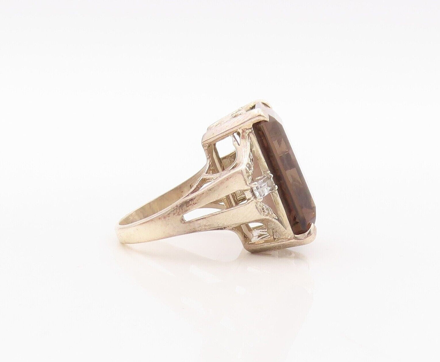 925 Sterling Silver Vintage Ring Rectangle Cut Smoky Quartz & CZ  Sz 7  RG29944
