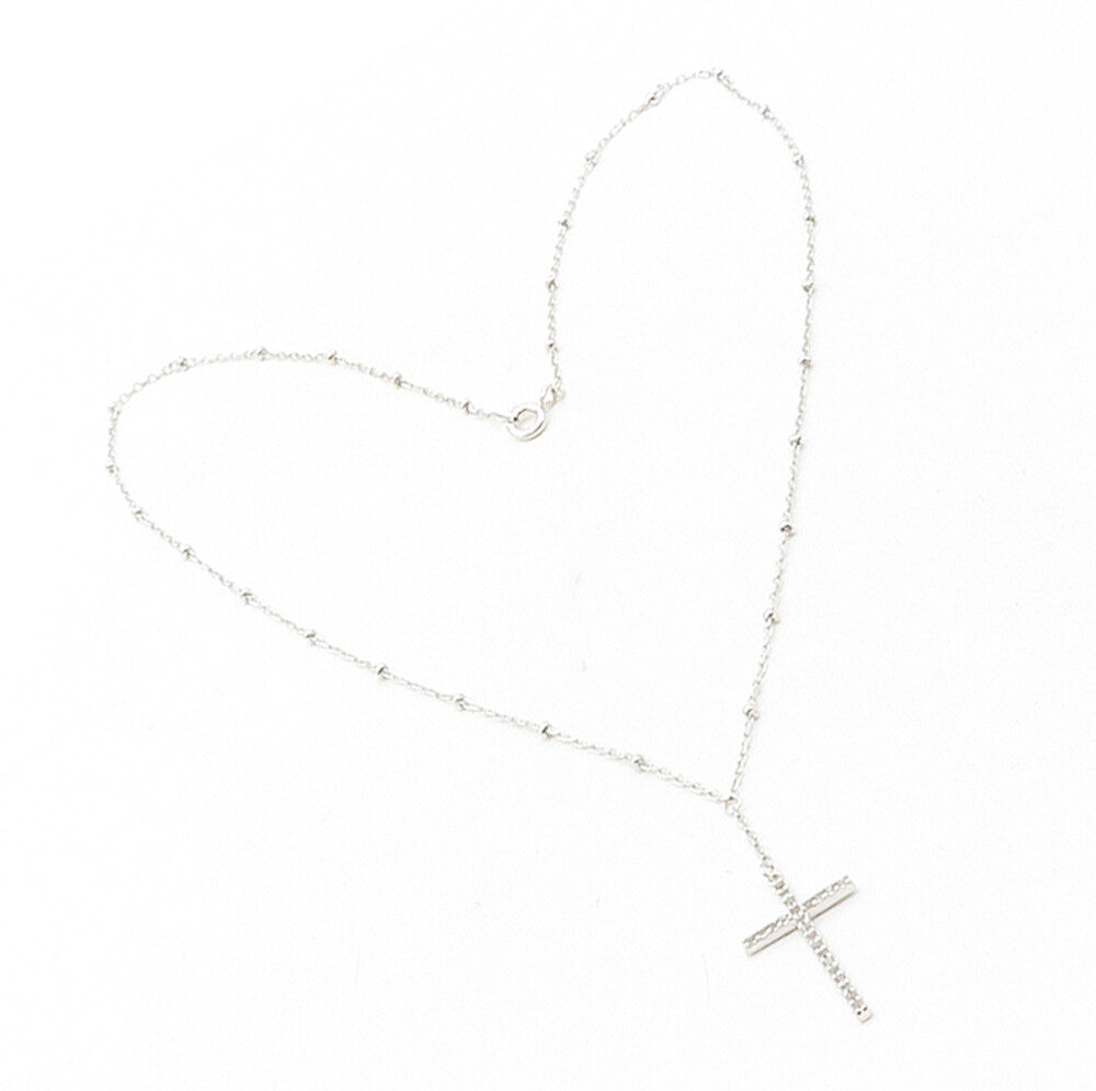 925 Sterling Silver  Shiny White Topaz Religious Cross Chain Necklace  NE2048