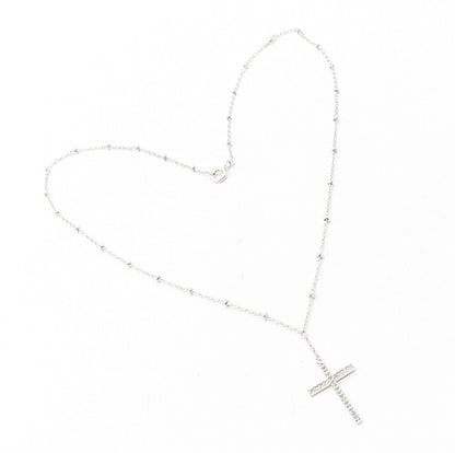 925 Sterling Silver  Shiny White Topaz Religious Cross Chain Necklace  NE2048
