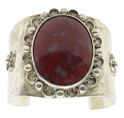 Solid Silver  Vintage Large Gemstone Swirl Shiny Cuff Bracelet  BT5341