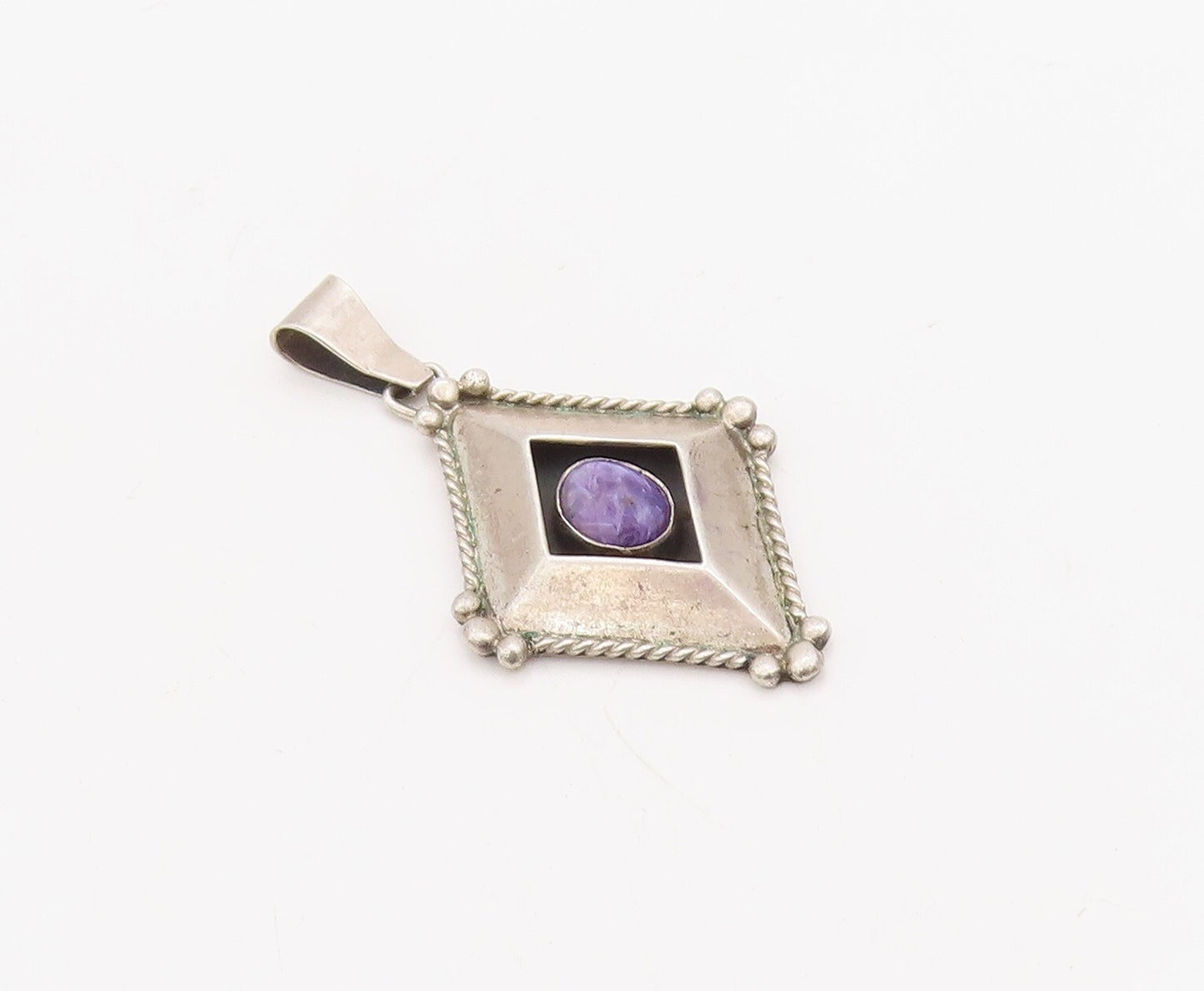 925 Sterling Silver Vintage Pendant RB NAVAJO Carved Diamond Shape Gem  PT23542