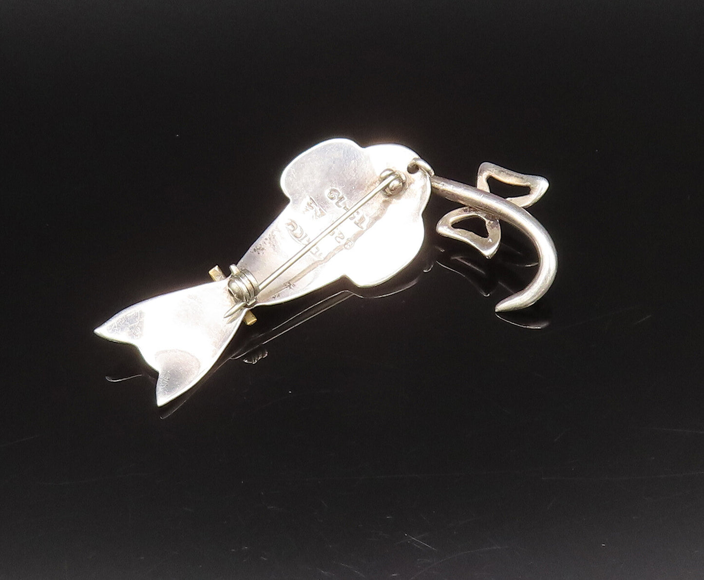 MEXICO 925 Silver  Vintage Onyx & Citrine Cat Brooch Pin (MOVES)  BP10085