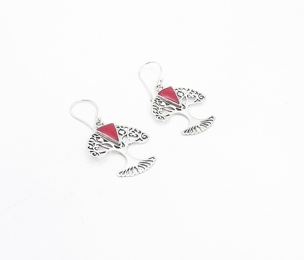 925 Sterling Silver  Red Sponge Coral Tree Of Life Dangle Earrings  EG3392