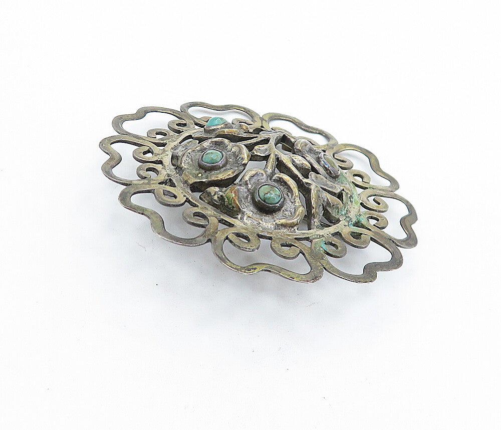 MEXICO 925 Silver  Vintage Antique Turquoise Swirl Border Brooch Pin  BP2155
