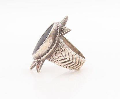 925 Sterling Silver Vintage Ring Solid Sun Carved Oval Onyx Inlay  Sz 6  RG28532
